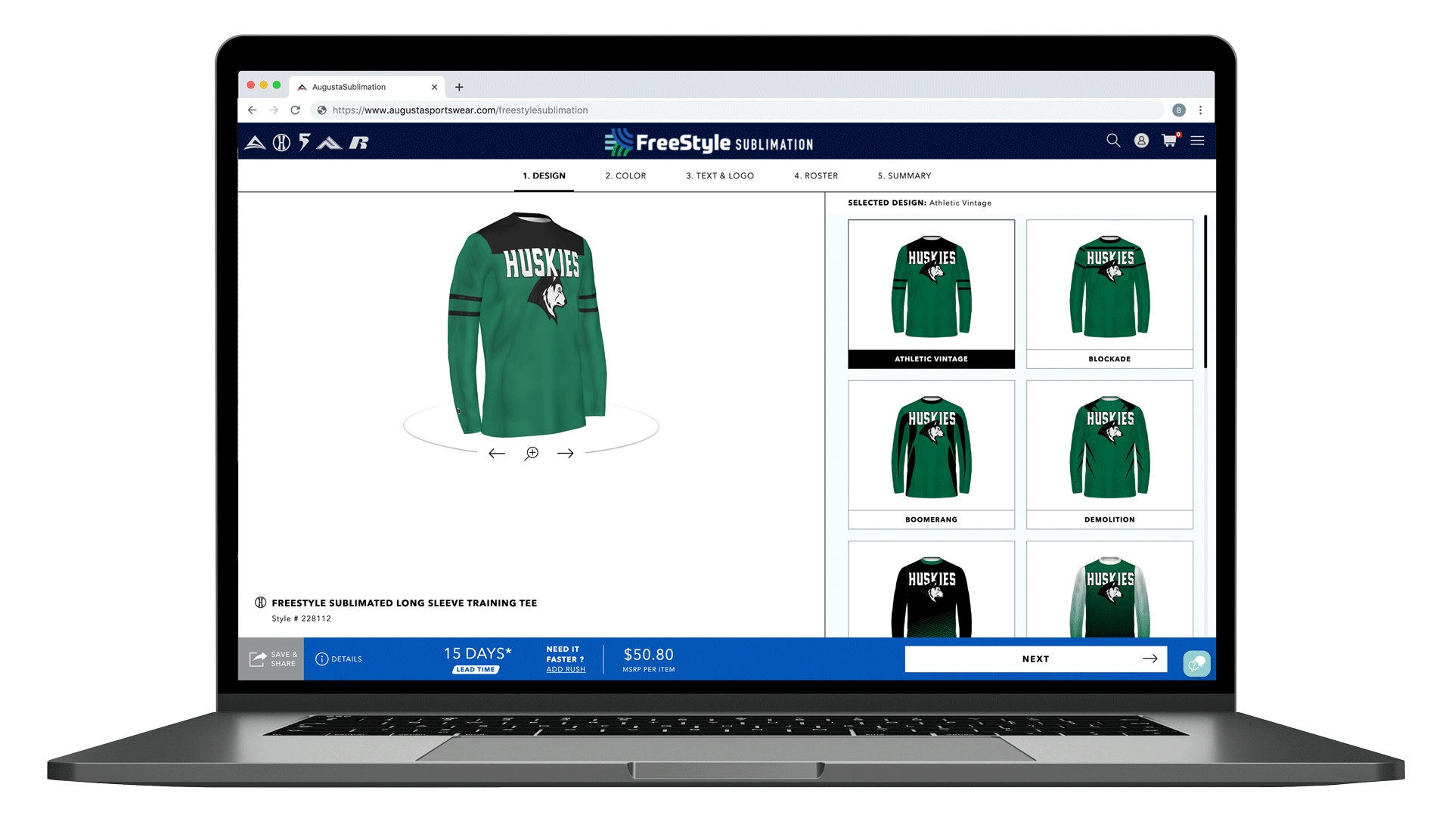 Laptop showing FreeStyle Sublimation Builder with green and black polo